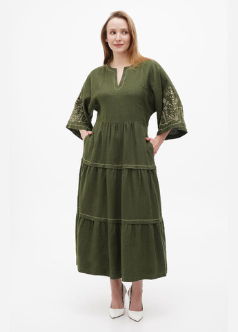 Зелена вишита легка лляна сукня бохо з вишивкою на спині та рукавах кімоно борислава., р., код 0318/54/592 ГАЛЕРЕЯ ЛЬОНУ