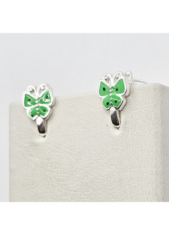 Сережки срібні з ювелірною зеленою емаллю "метелики" 2,03 г No Brand (369736706)