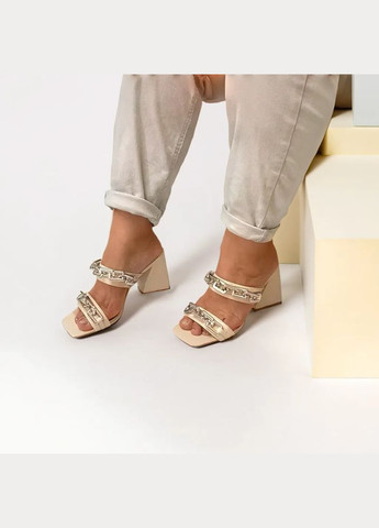 Бежевые женские кожаные босоножки, сабо на каблуке 1060 бежевые L&M без застежки