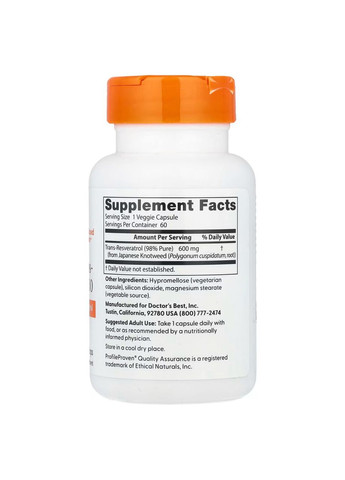 Ресвератрол Trans-Resveratrol 60 вег капс Doctor's Best (357339660)