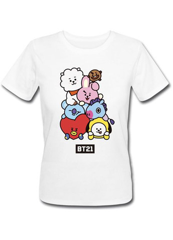Белая летняя женская футболка bts bangtan boys "bt21" (белая) Fat Cat