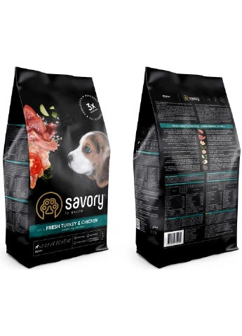 Сухий корм для цуценят зі свіжим м'ясом індички та куркою 1 кг Savory (305847526)