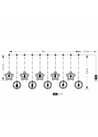 LED штора гірлянда з іграшкою зірки та кола 8 режимів роботи тепле світло 3×0.8 м (AA0231) Happy Home (380085045)