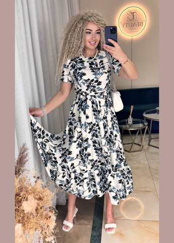 Білий сукня софт весна-літо з пояском та принтом No Brand