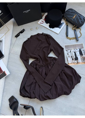 Коричнева кежуал жіноча сукня з довгим рукавом та об'ємною спідницею балон MonCher