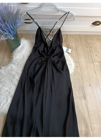 Черное длинное платье zw collection с кружевом Zara