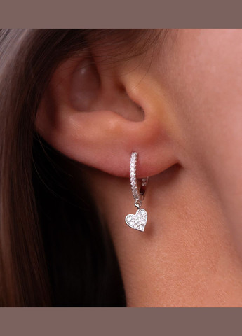 Срібні S925 сережки з висюлькою серце з камінням білих фіанітів, срібні кульчики серце подарунок дівчині СС4 Etre (292401691)