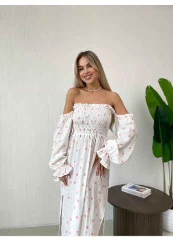Молочна довга муслінова сукня в серці Fashion