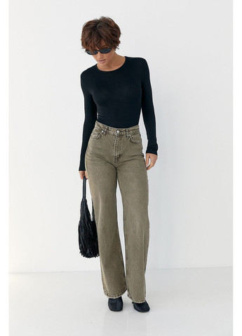 Прямі жіночі джинси з потертостями внизу - колір хакі Lurex - (370602124)