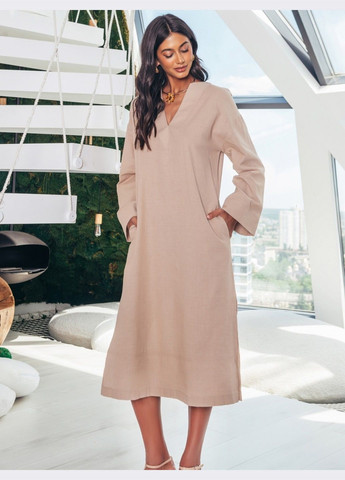 Бежевое льняное платье бежевого цвета с разрезами по бокам Dressa