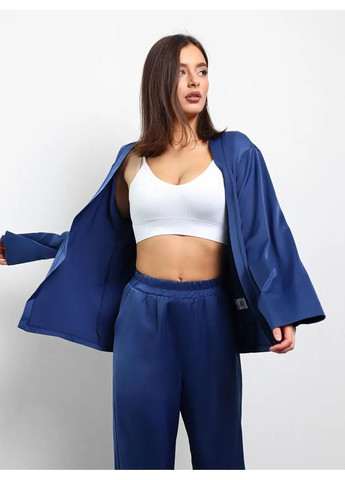 Синяя всесезон атласный пижамный комплект в стиле kimono 3в1 халат рубашка брюки рубашка + брюки No Brand Піжама Kimono чорна