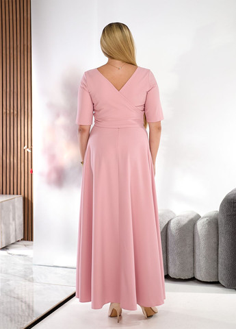 Пудровое праздничный, коктейльное, вечернее вечернее платье макси с короткими рукавами и поясом колокол, клеш, с открытой спиной No Brand однотонное