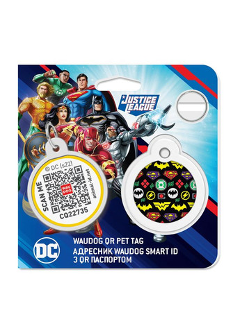 Адресник для собак металлический Smart ID c QR паспортом, рисунок "Супергерои логомания", круг, Д 30 мм WAUDOG (330245300)
