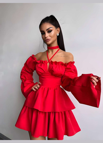 Червона святковий, коктейльна, карнавальний, відвертий, повсякденний, кежуал, вечірня жіноча ошатна коротка малинова сукня міні з рюшами зі шнурівкою і широкими рукавами Україна
