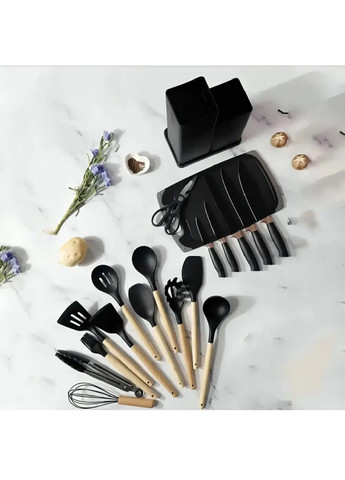 Настольный комплект кухонных принадлежностей с подставкой разделочной доской 19 предметов (480890-Prob) Черный Unbranded (347067435)