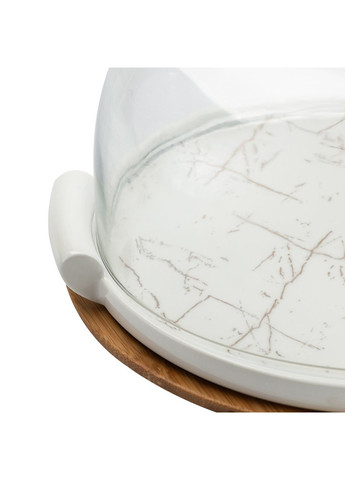 Керамічна тортівниця 25 см зі скляною кришкою на бамбуковій підставці Білий Yiwu (360455080)