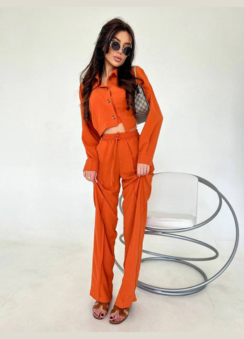 Яскравий літній костюм двійка з якісної тканини: креп-жатка (сорочка+штани клеш), стильний помаранчевий костюм 2-ка No Brand 254-1 (289361151)