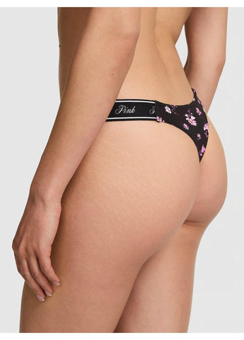 Трусики-стрінги жіночі бавовняні PINK Logo Cotton High-Leg Thong Panty чорні Victoria's Secret (347641399)
