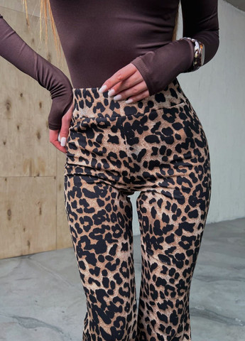 Коричневые демисезонные леггинсы клеш в рубчик с ярким принтом Tik-Tak