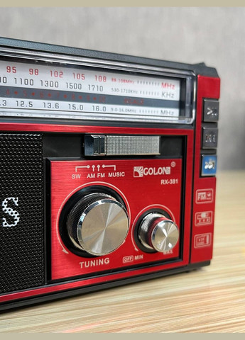 Радиоприемник от сети с аккумулятором и разьемом под батарейки, USB SD и двумя фонариками RX-381 Красный Golon (330828945)
