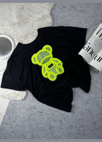 Футболка женская оверсайз с салатовым мишкой, черная, удлиненная (арт. 755) No Brand - (350886145)