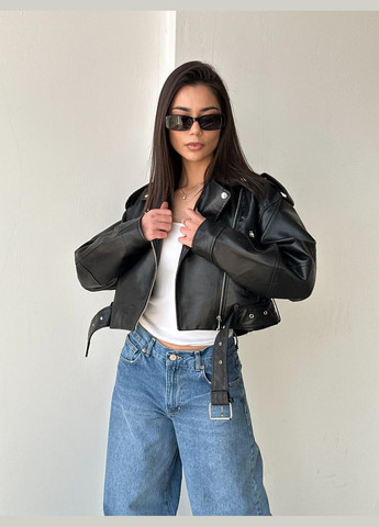 Чорна демісезонна куртка жіноча вкорочена з екошкіри No Brand