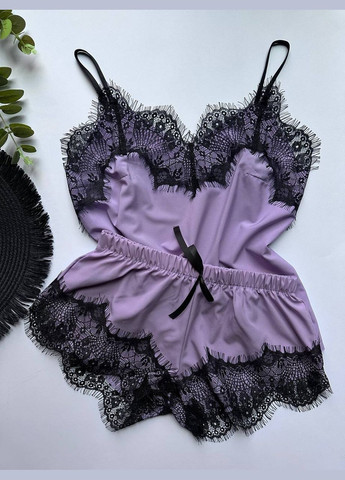 Лавандова всесезон піжама з мереживом, комплект на подарунок майка + шорти Exclusive