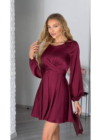 Бордова шовкова сукня міні бордового кольору 36174 кльош No Brand однотонна