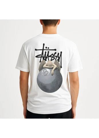 Белая мужская футболка белая с фирменным принтом – свободная посадка, streetwear стиль Stussy Футболка
