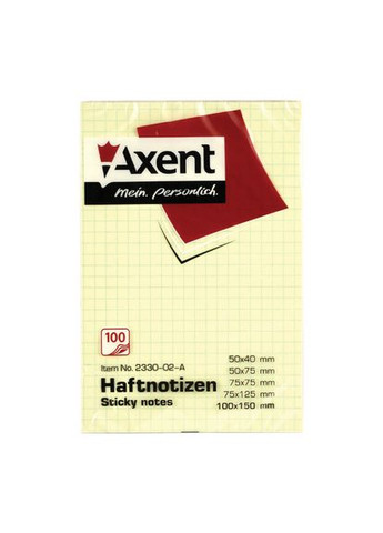 Блок клейкий 233002-A 100*150 пастель желтый 100 листов, клетка Axent (280916081)