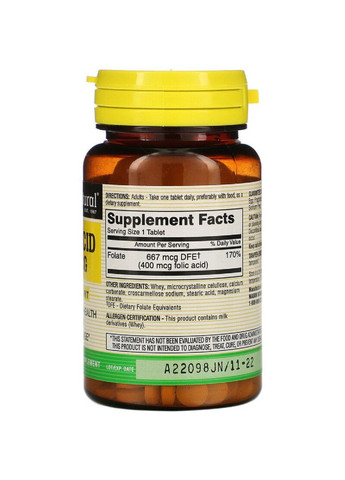 Фолиевая кислота 400 мкг, Folic Acid, 100 таблеток Mason Natural (326055411)