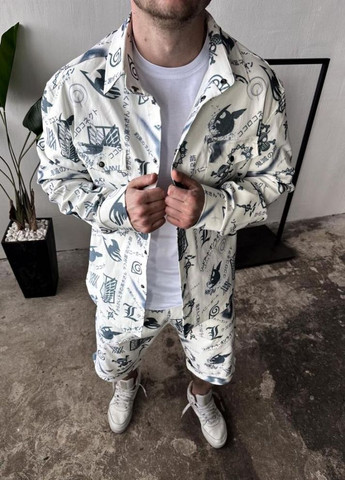 Білий демісезонний білий зручний чоловічий літній спортивний костюм-двійка з трендовим принтом No Brand