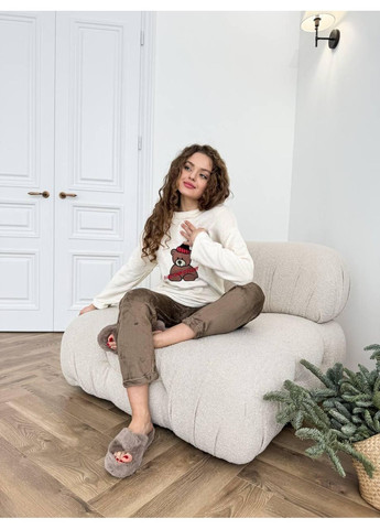 Комбінована піжама жіноча флісова з ведмедиком бежево-коричнева. піжама тепла плюшева ведмедик беж/мокко. No Brand