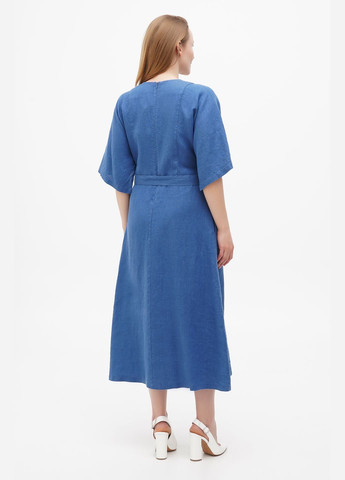 Синя лляна довга сукня бохо з трикутним вирізом та рукавом кімоно під пояс ронда., р., код 0311/52/1788 ГАЛЕРЕЯ ЛЬОНУ