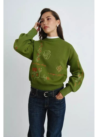 Оливковий жіночий утеплений світшот з українськими орнаментами mkrm4288 Rica Mare (362575381)