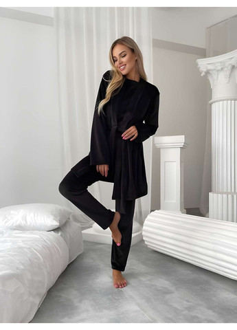 Чорна зимня жіноча велюрова домашня піжама піжамний комплект трійка зі штанами лавандовий бузковий Україна