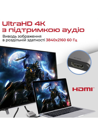 Адаптер USB Type-C - 2x HDMI (M/F) MediaLink-H2 Grey Promate (370616986)