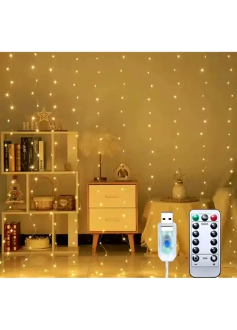 USB гірлянда-завіса 3×3 м 300 LED з пультом 8 режимів теплий білий No Brand (369944008)