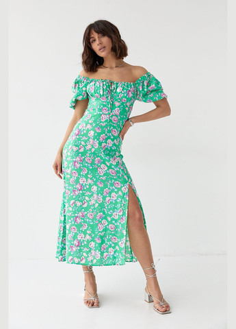 Зелена повсякденний літня квіткова сукня міді з куліскою на грудях 90370 Lurex з квітковим принтом