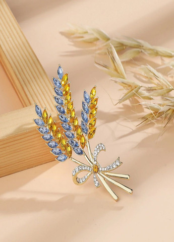 Золотистая патриотическая тройная брошь Колосья пшеницы с кристаллами символ Украины желто голубая Fashion Jewelry (292144498)