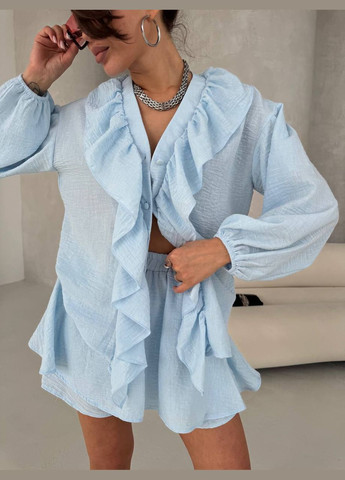 Жіночий літній костюм блуза з воланами та шорти-спідниця MonCher (338792714)