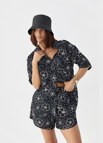 Летний цветочный костюм с шортами и рубашкой - черный цвет Lurex (340917591)