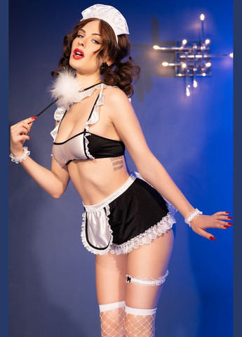 Эротический игровой костюм: бюстгальтер, юбочка с фартучком, стринги, браслеты, чокер, чулки, обруч, подвязка, метелка Chilirose (318802014)