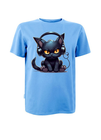 Футболка унисекс голубая с коротким рукавом с принтом Cat in headphones (кулир) (DTG) 4PROFI (361259406)