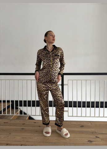 Комбинированная всесезон стильная шелковая пижама с леопардовым принтом рубашка + брюки No Brand