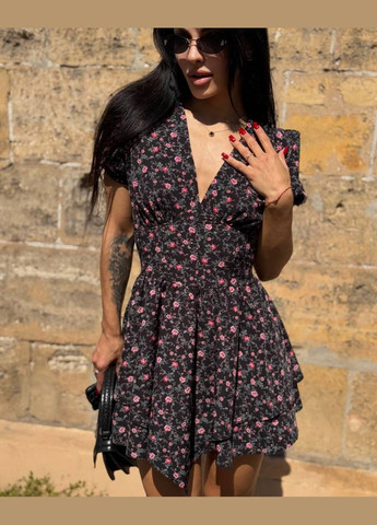 Чорна повсякденний, кежуал жіноча сукня в квіточку а-силует, з корсетом No Brand з квітковим принтом