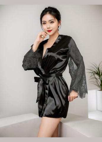 Халат чорний під пояс та довгими мереживними рукавами стрінги в комплекті, Star Night (361670746)