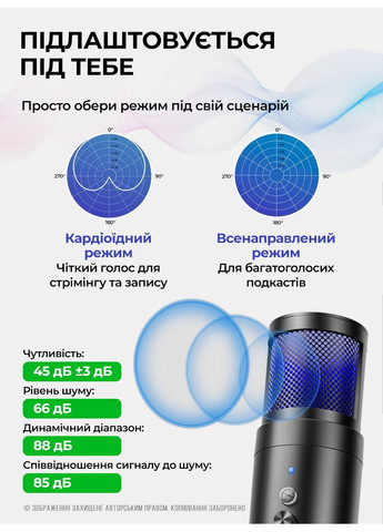 Мікрофон для комп'ютера студійний ігровий для стримерів блогерів конденсаторний з підсвічуванням USB MU900 73763 OnePro (367837687)