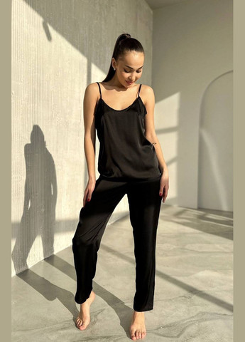 Черная всесезон женская пижама шёлк майка + брюки No Brand