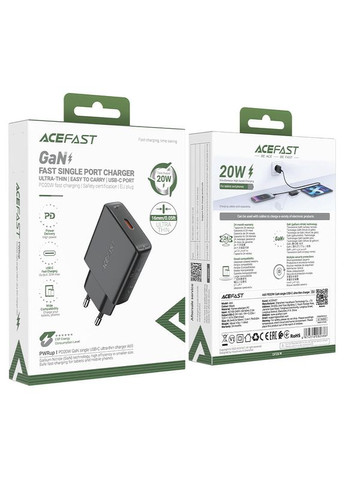 Сетевое зарядное устройство A65 PD20W GaN single USB-C ultra-thin charger Black (6974316282686) Acefast A65 GaN (372682552)